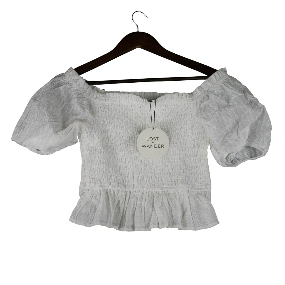 Lost‎ + Wander Womens S Cottagecore Top White Smocked Peplum Blouse Puff Sleeve